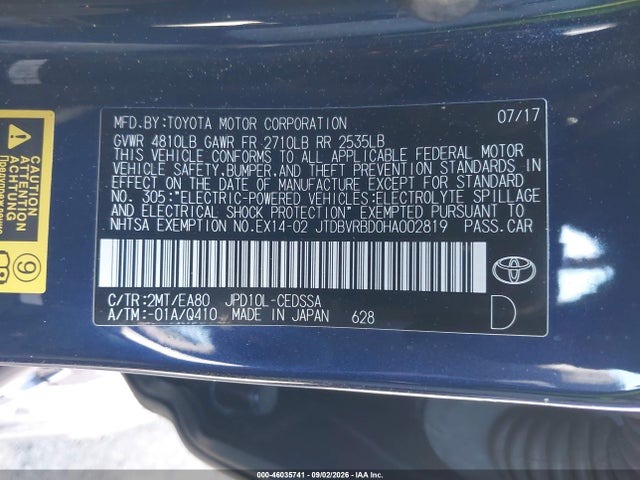 Продаж на аукціоні авто 2017 Toyota Mirai, vin: JTDBVRBD0HA002819, номер лоту: 46035741
