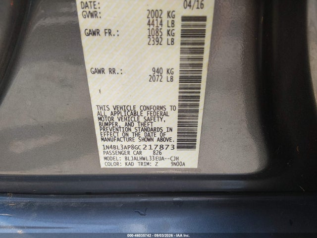 Aukcja sprzedaży 2016 Nissan Altima 3.5 Sr, vin: 1N4BL3AP8GC217873, numer aukcji: 46035742