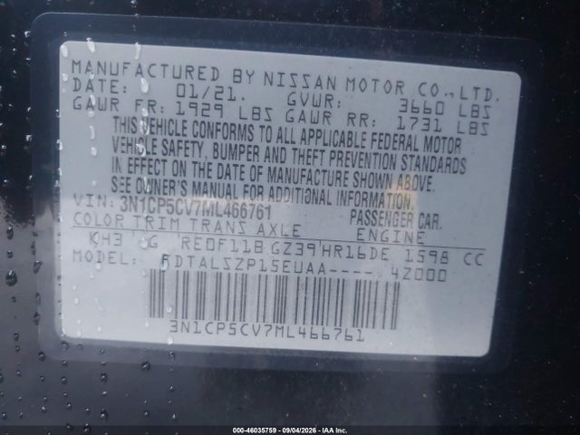 2021 Nissan Kicks Sv Xtronic Cvt მანქანა იყიდება აუქციონზე, vin: 3N1CP5CV7ML466761, აუქციონის ნომერი: 46035759