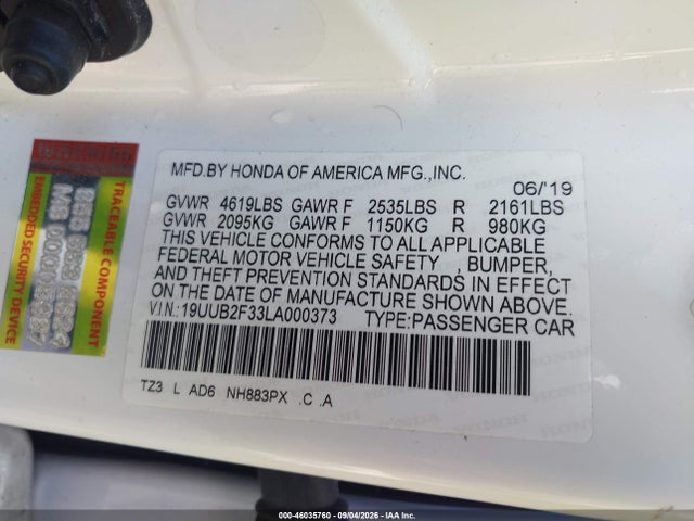 46035760 :رقم المزاد ، 19UUB2F33LA000373 vin ، 2020 Acura Tlx Standard مزاد بيع