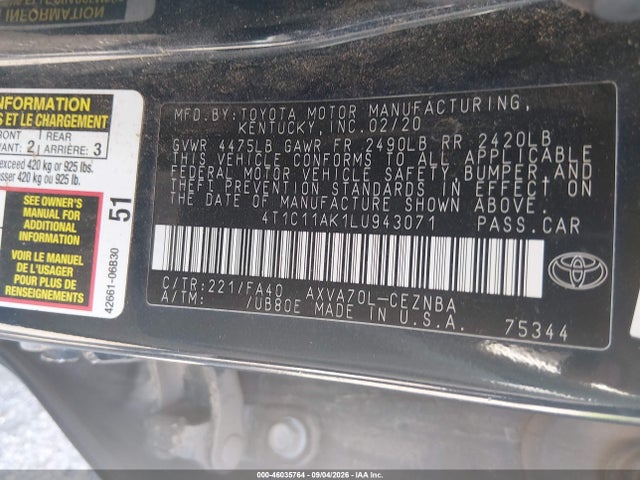 2020 Toyota Camry Le მანქანა იყიდება აუქციონზე, vin: 4T1C11AK1LU943071, აუქციონის ნომერი: 46035764