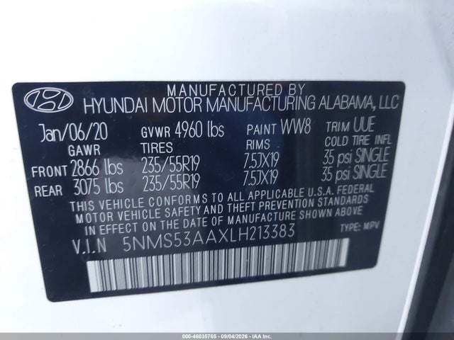 2020 Hyundai Santa Fe Limited 2.0t მანქანა იყიდება აუქციონზე, vin: 5NMS53AAXLH213383, აუქციონის ნომერი: 46035765