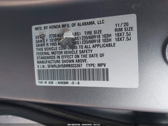 Aukcja sprzedaży 2021 Honda Odyssey Ex, vin: 5FNRL6H58MB033367, numer aukcji: 46035766