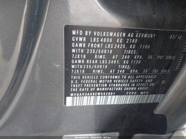 Продаж на аукціоні авто 2014 Volkswagen Tiguan Sel, vin: WVGAV3AX6EW592801, номер лоту: 46035770
