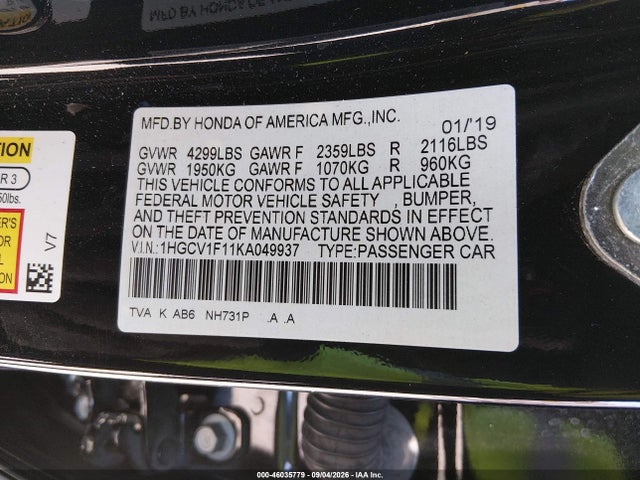 Honda ACCORD LX 2019 1HGCV1F11KA049937 Image 9