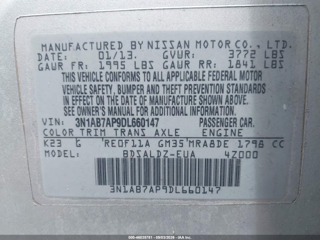 Продажа на аукционе авто 2013 Nissan Sentra Sv, vin: 3N1AB7AP9DL660147, номер лота: 46035781