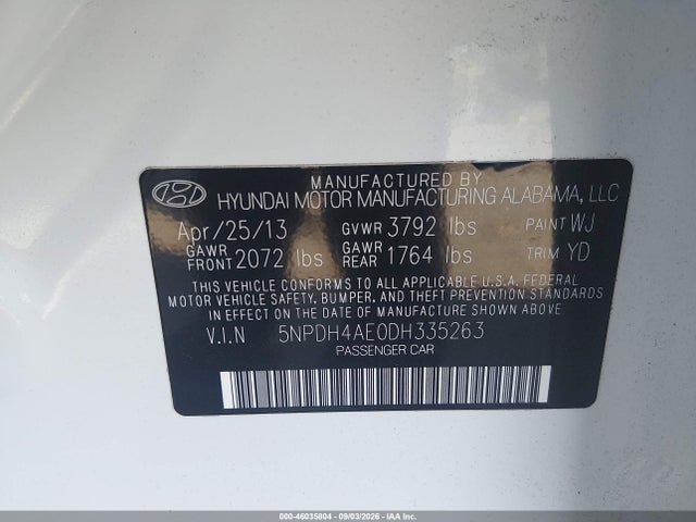 Aukcja sprzedaży 2013 Hyundai Elantra Limited, vin: 5NPDH4AE0DH335263, numer aukcji: 46035804