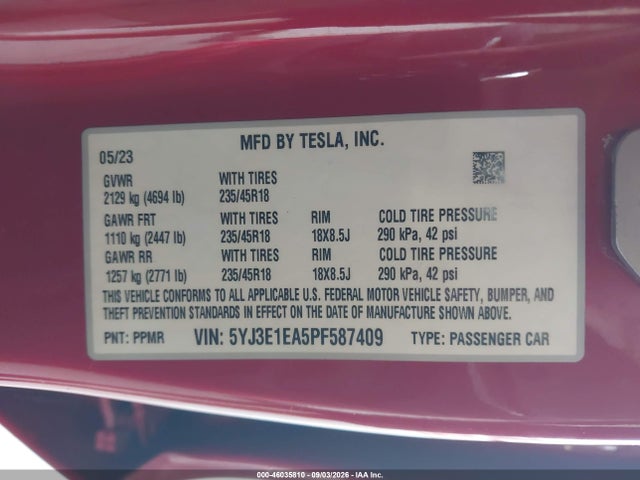 Продажа на аукционе авто 2023 Tesla Model 3 Rear-wheel Drive, vin: 5YJ3E1EA5PF587409, номер лота: 46035810