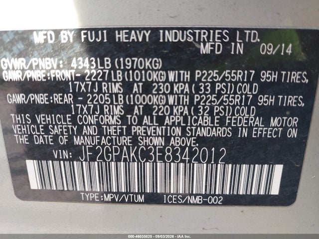 Aukcja sprzedaży 2014 Subaru Xv Crosstrek 2.0i Limited, vin: JF2GPAKC3E8342012, numer aukcji: 46035825