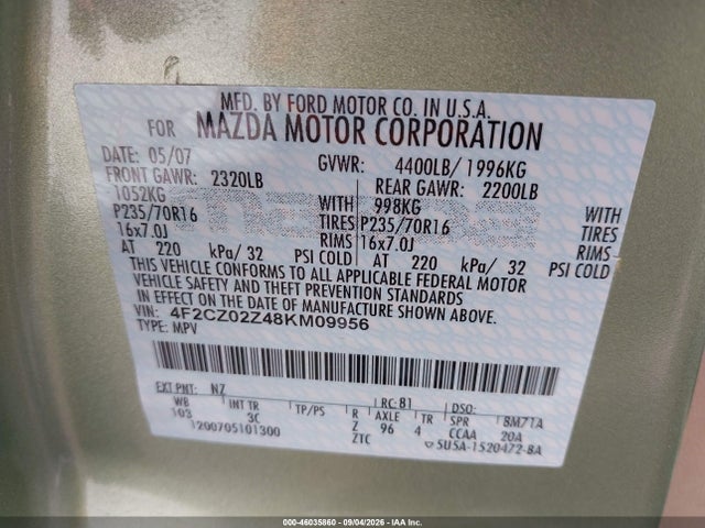 2008 Mazda Tribute I Sport მანქანა იყიდება აუქციონზე, vin: 4F2CZ02Z48KM09956, აუქციონის ნომერი: 46035860