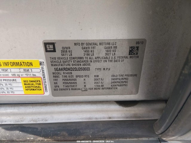 2013 Buick Enclave Premium მანქანა იყიდება აუქციონზე, vin: 5GAKRDKD2DJ260603, აუქციონის ნომერი: 46035870