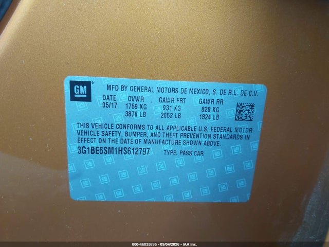 Продаж на аукціоні авто 2017 Chevrolet Cruze Lt Auto, vin: 3G1BE6SM1HS612797, номер лоту: 46035895