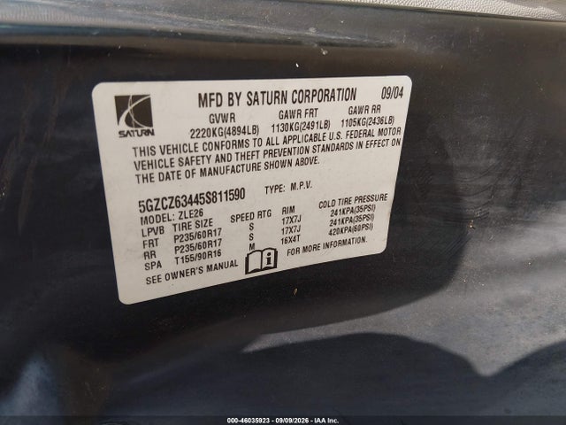 2005 Saturn Vue V6 მანქანა იყიდება აუქციონზე, vin: 5GZCZ63445S811590, აუქციონის ნომერი: 46035923