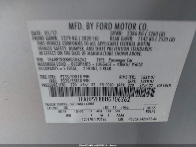 Aukcja sprzedaży 2017 Ford Taurus Sel, vin: 1FAHP2E88HG106262, numer aukcji: 46035929