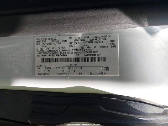 Продаж на аукціоні авто 2020 Ford Transit-350 Passenger Van Xl, vin: 1FBVU4X82LKA84946, номер лоту: 46035934