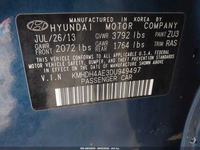 Aukcja sprzedaży 2013 Hyundai Elantra Gls, vin: KMHDH4AE3DU949497, numer aukcji: 46035938
