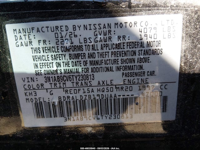 46035940 :رقم المزاد ، 3N1AB9CV6TY230813 vin ، 2026 Nissan Sentra Sv مزاد بيع