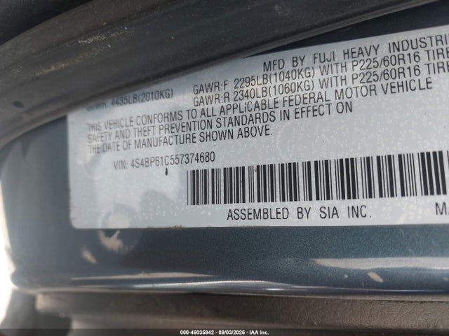 46035942 :رقم المزاد ، 4S4BP61C557374680 vin ، 2005 Subaru Outback 2.5i مزاد بيع