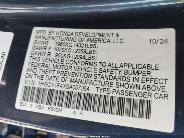 46035952 :رقم المزاد ، 1HGCY1F4XSA007364 vin ، 2025 Honda Accord Se مزاد بيع