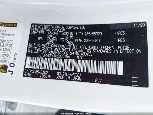Aukcja sprzedaży 2021 Lexus Rx 350l, vin: JTJHZKEA1M2020156, numer aukcji: 46035954