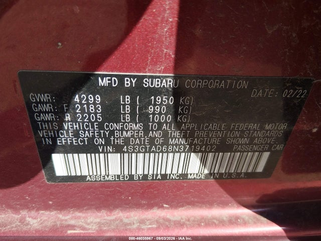 Продаж на аукціоні авто 2022 Subaru Impreza Premium 5-door, vin: 4S3GTAD68N3719402, номер лоту: 46035967