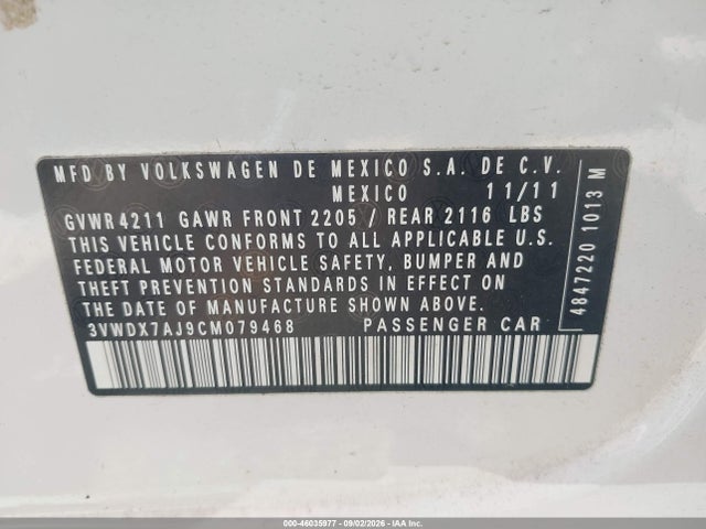 46035977 :رقم المزاد ، 3VWDX7AJ9CM079468 vin ، 2012 Volkswagen Jetta 2.5l Se مزاد بيع