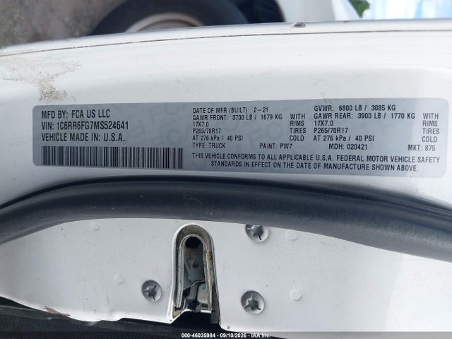2021 Ram 1500 Classic Tradesman  4x2 6'4 Box მანქანა იყიდება აუქციონზე, vin: 1C6RR6FG7MS524641, აუქციონის ნომერი: 46035984