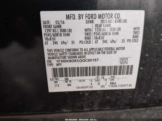 1FM5K8D8XGGC60157 Ford EXPLORER XLT