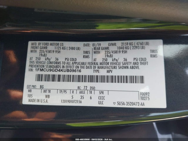 Aukcja sprzedaży 2019 Ford Escape Se, vin: 1FMCU9GD4KUB09616, numer aukcji: 46035986