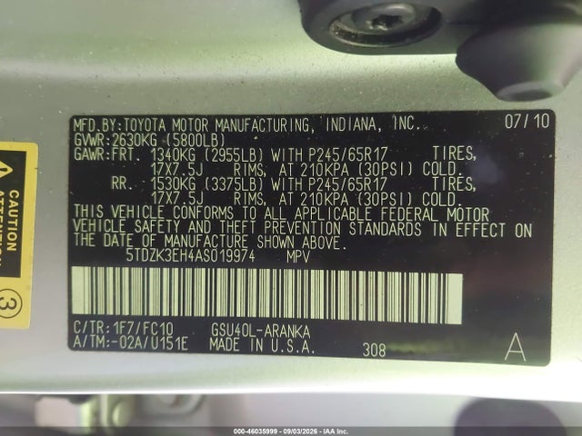 Aukcja sprzedaży 2010 Toyota Highlander Base V6, vin: 5TDZK3EH4AS019974, numer aukcji: 46035999