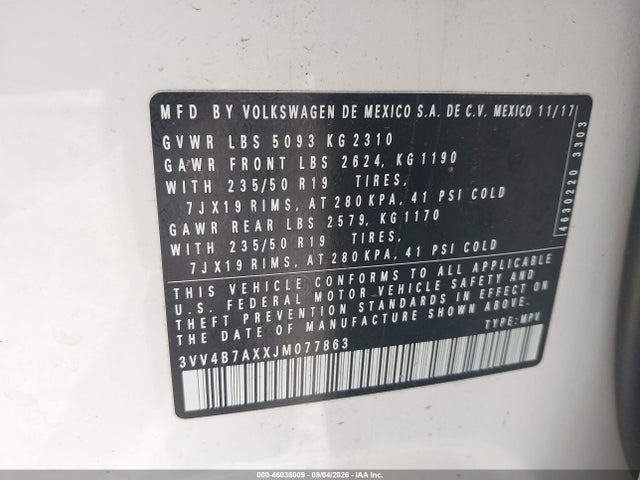 46036009 :رقم المزاد ، 3VV4B7AXXJM077863 vin ، 2018 Volkswagen Tiguan Sel Premium مزاد بيع
