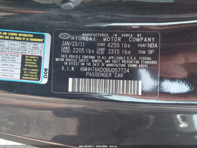 2011 Hyundai Genesis 2.0t მანქანა იყიდება აუქციონზე, vin: KMHHT6KD0BU057724, აუქციონის ნომერი: 46036013