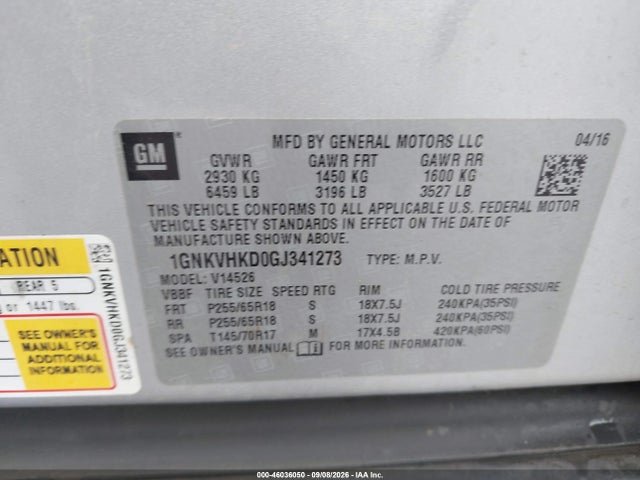 Продаж на аукціоні авто 2016 Chevrolet Traverse 2lt, vin: 1GNKVHKD0GJ341273, номер лоту: 46036050