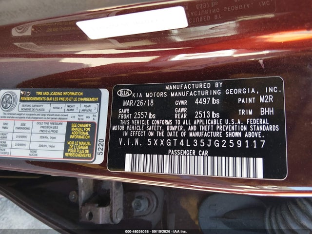 Auction sale of the 2018 Kia Optima Lx, vin: 5XXGT4L35JG259117, lot number: 46036056