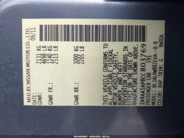 46036061 :رقم المزاد ، 1N4AA5AP8CC803769 vin ، 2012 Nissan Maxima 3.5 Sv مزاد بيع