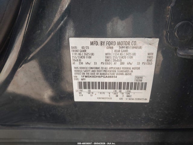 46036087 :رقم المزاد ، 1FMSK8DH6PGA98854 vin ، 2023 Ford Explorer Xlt مزاد بيع
