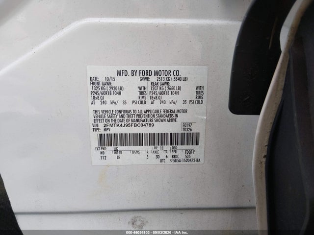 46036103 :رقم المزاد ، 2FMTK4J95FBC04789 vin ، 2015 Ford Edge Sel مزاد بيع