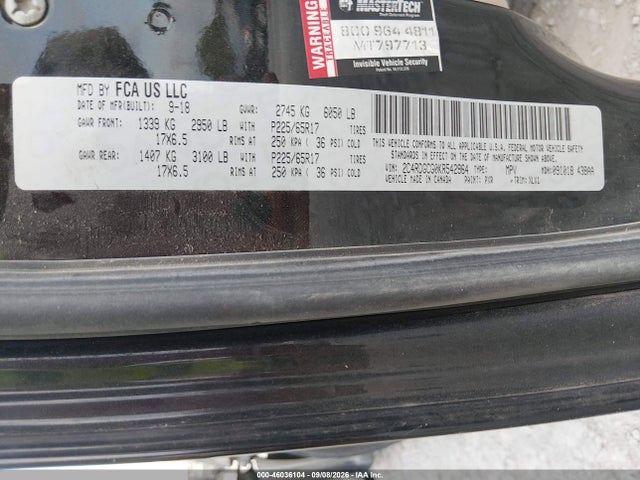 2019 Dodge Grand Caravan Sxt მანქანა იყიდება აუქციონზე, vin: 2C4RDGCG0KR542964, აუქციონის ნომერი: 46036104