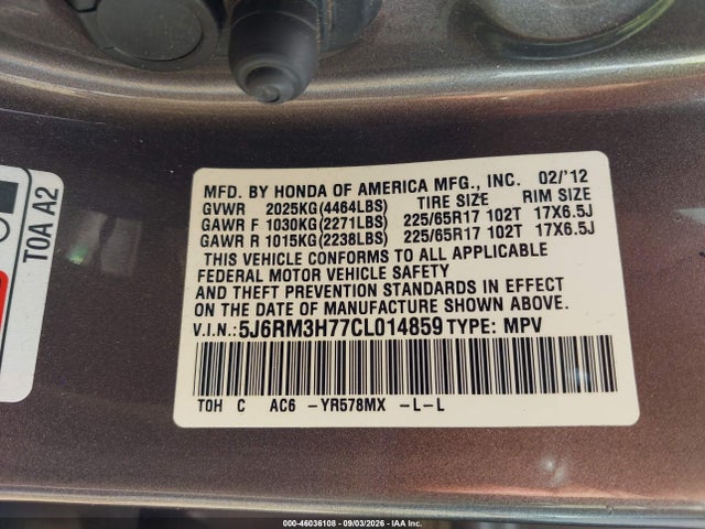 Aukcja sprzedaży 2012 Honda Cr-v Ex-l, vin: 5J6RM3H77CL014859, numer aukcji: 46036108