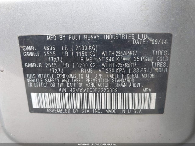 Aukcja sprzedaży 2015 Subaru Outback 2.5i Premium, vin: 4S4BSAFC0F3226889, numer aukcji: 46036119