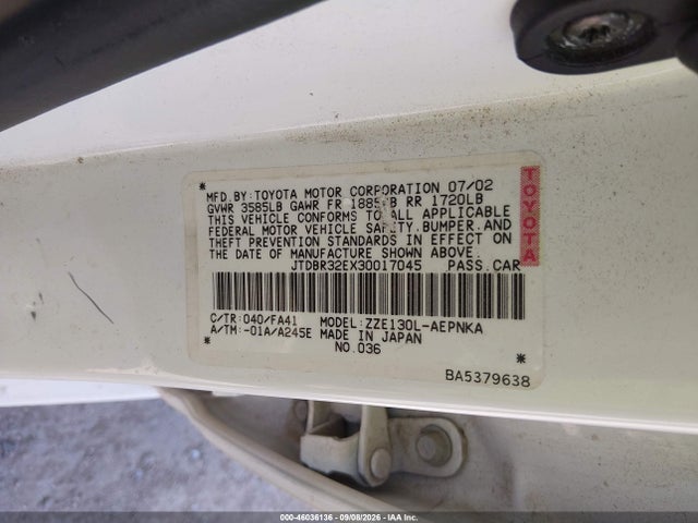 Aukcja sprzedaży 2003 Toyota Corolla Le, vin: JTDBR32EX30017045, numer aukcji: 46036136