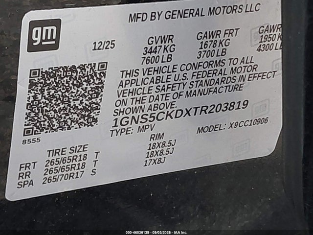Auction sale of the 2026 Chevrolet Suburban Lt, Rwd, vin: 1GNS5CKDXTR203819, lot number: 46036139