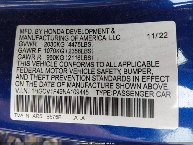 Продажа на аукционе авто 2022 Honda Accord Sport Special Edition, vin: 1HGCV1F49NA109445, номер лота: 46036144