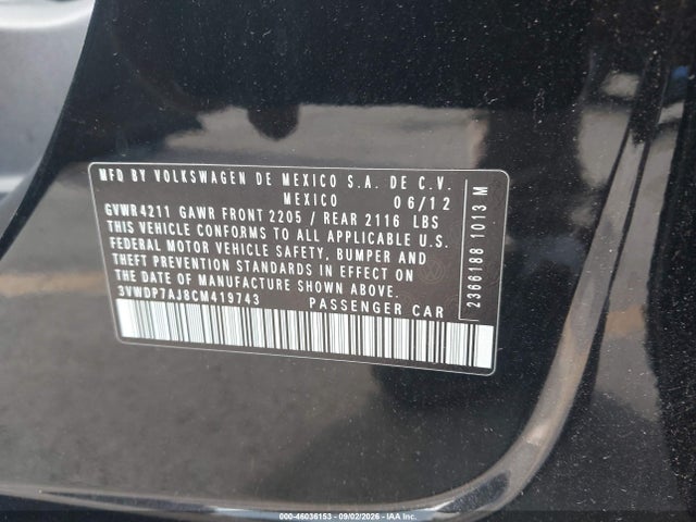 Продажа на аукционе авто 2012 Volkswagen Jetta 2.5l Se, vin: 3VWDP7AJ8CM419743, номер лота: 46036153