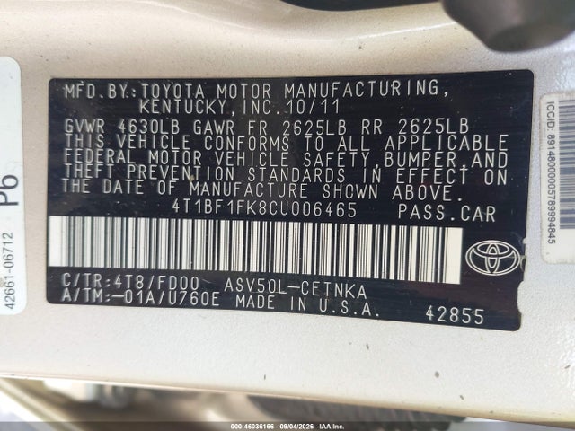 2012 Toyota Camry Le მანქანა იყიდება აუქციონზე, vin: 4T1BF1FK8CU006465, აუქციონის ნომერი: 46036166