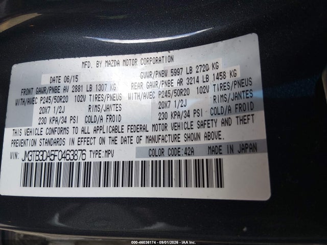 46036174 :رقم المزاد ، JM3TB3DA5F0463876 vin ، 2015 Mazda Cx-9 Grand Touring مزاد بيع