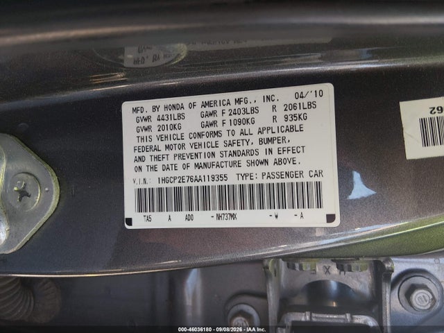 Aukcja sprzedaży 2010 Honda Accord 2.4 Ex, vin: 1HGCP2E76AA119355, numer aukcji: 46036180