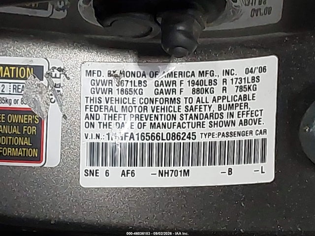 2006 Honda Civic Lx მანქანა იყიდება აუქციონზე, vin: 1HGFA16566L086245, აუქციონის ნომერი: 46036183