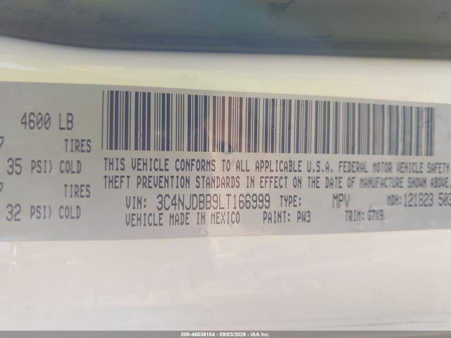 2020 Jeep Compass Latitude 4x4 მანქანა იყიდება აუქციონზე, vin: 3C4NJDBB9LT166999, აუქციონის ნომერი: 46036184