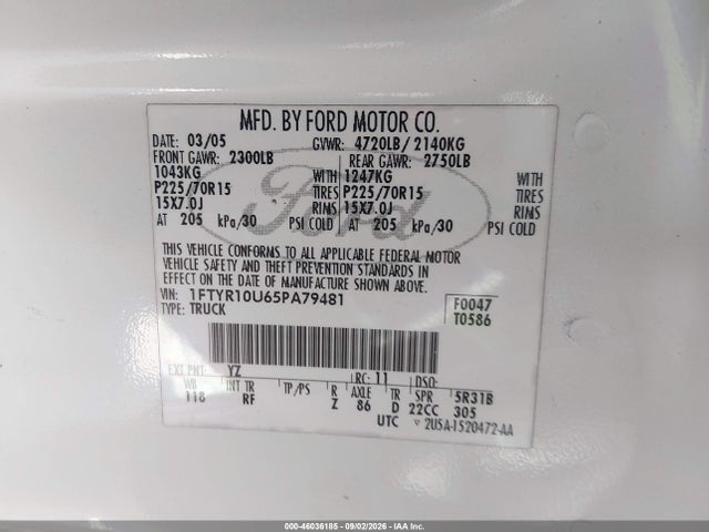 46036185 :رقم المزاد ، 1FTYR10U65PA79481 vin ، 2005 Ford Ranger Edge/stx/xl/xls/xlt مزاد بيع